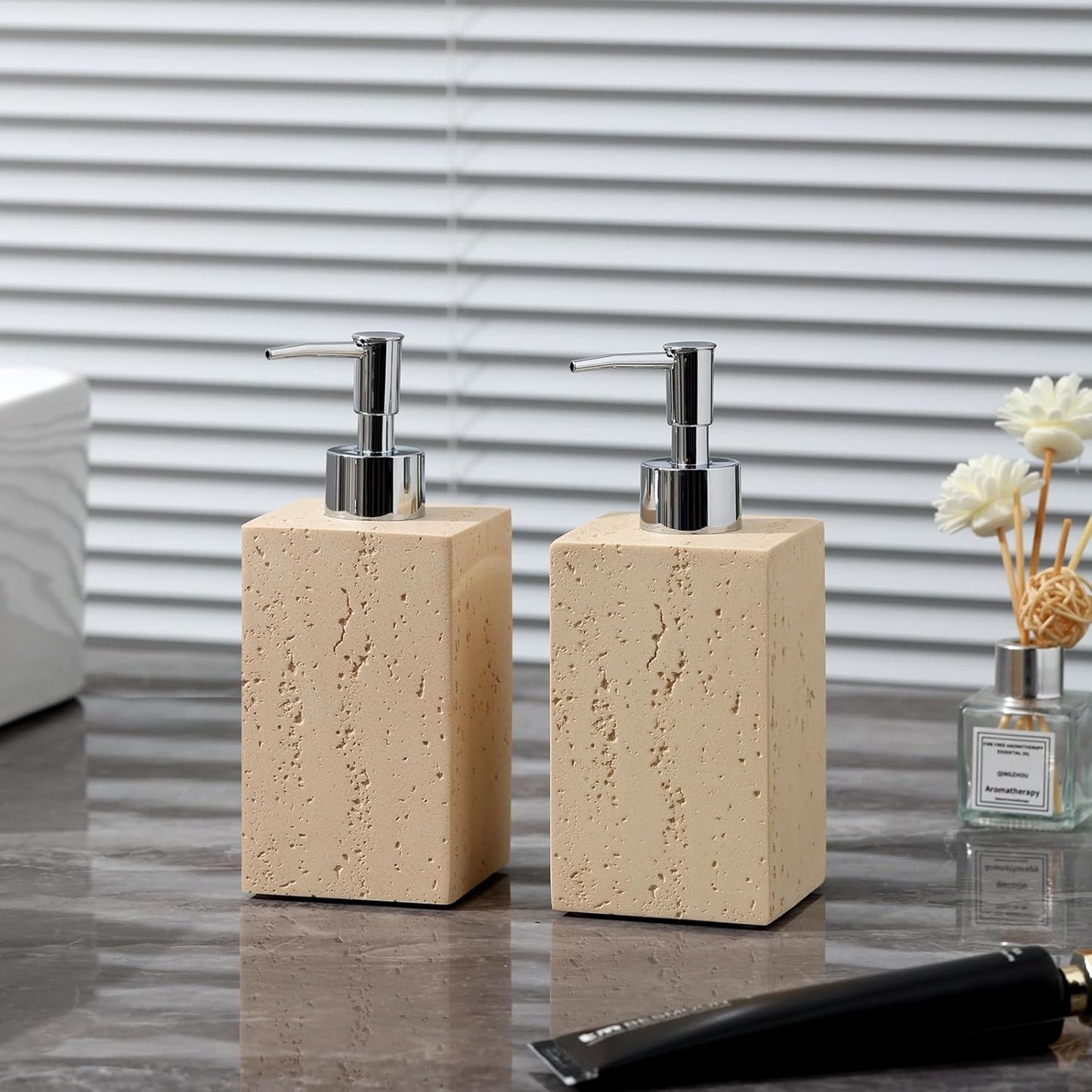 Soap Dispenser 420ML 14OZ, 2pcs Luxurious Hand Dish Soap Dispenser Set, Refillable Lotion Bottle with Rustproof Pump for Bathroom Countertop Kitchen Sink (Off White)