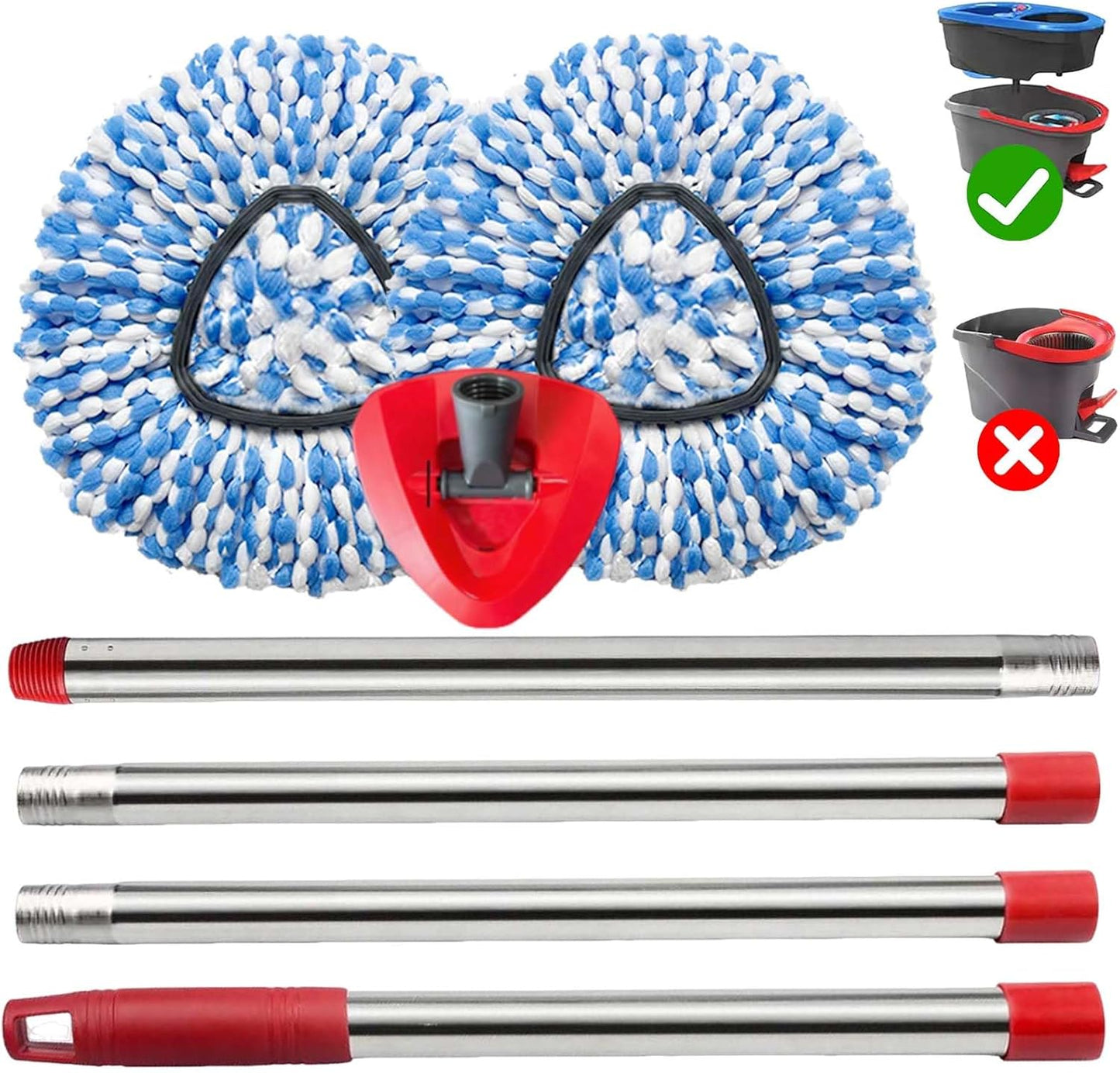 Spin Mop Replace Heads for O Cedar Rinse Clean 2 Tank System, Spin Mop Replacement Head 4 Microfiber Mop Refills, 1 Triangle Head Cover and 30-58in Handle 1 1Scrub Brush