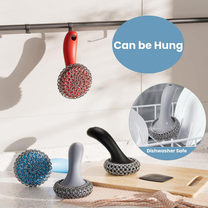 Cast Iron Scrubber with Long Handle | 316 Cast Iron Cleaner Chainmail Scrubber for Pan Skillet Cleaner - Dish Scouring Pad Dishwasher Safe Cleaning Kit (Blue, 1 Scrubber + 1 Scraper)