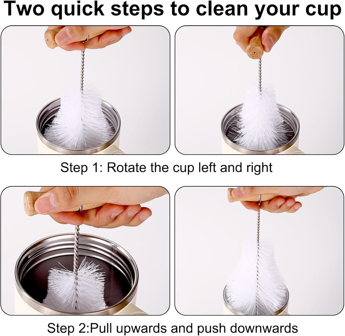 2pcs Water Bottle Cleaning Brush Set, Long Wooden Handle Brush with Straw Cleaner Water Bottle Cleaning Kit for Stanley Cup Tumblers Travel Mugs & Other Bottles