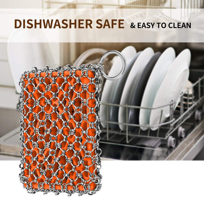 Herda Chain Mail Cast Iron Cleaner Scrubber,316 Chainmail Pan Scrubber Metal Cleaning Brush, Pad, Sponge Scraper to Clean Skillet,Dutch Oven, Wok,Grill Griddle,Chain Link Scrub Brush Pot Care Kit