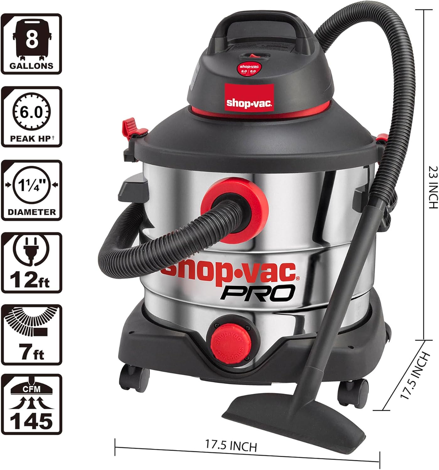 Shop-Vac 12 Gallon 6.0 Peak HP Wet/Dry Vacuum, Stainless Steel Tank, 3 in 1 Function Portable Shop Vacuum with Attachments, Drain Port, Ideal for Jobsite, Garage & Workshop. 5926211
