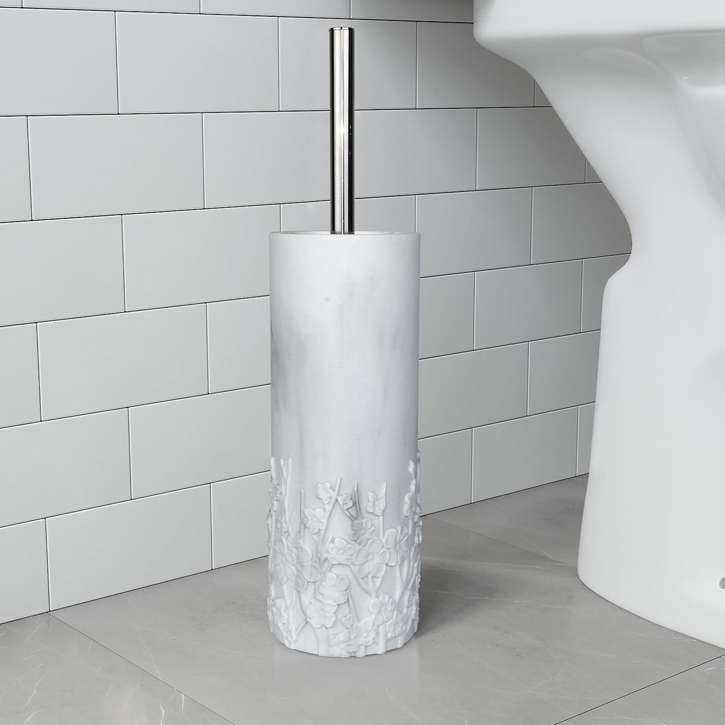 White Floral Branches Design Resin Toilet Bowl Brush and Holder Set, Elegant Bathroom Cleaning Tool with Durable Bristles, Compact and Functional