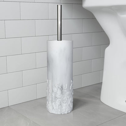 White Floral Branches Design Resin Toilet Bowl Brush and Holder Set, Elegant Bathroom Cleaning Tool with Durable Bristles, Compact and Functional
