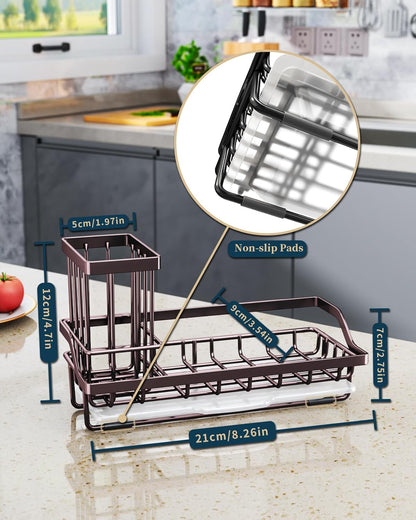 Consumest Sink Caddy, Kitchen Sponge Holder with Dish Brush Holder, Kitchen Organizer with Drip Tray for Countertop, Stainless Steel Rustproof - Silver