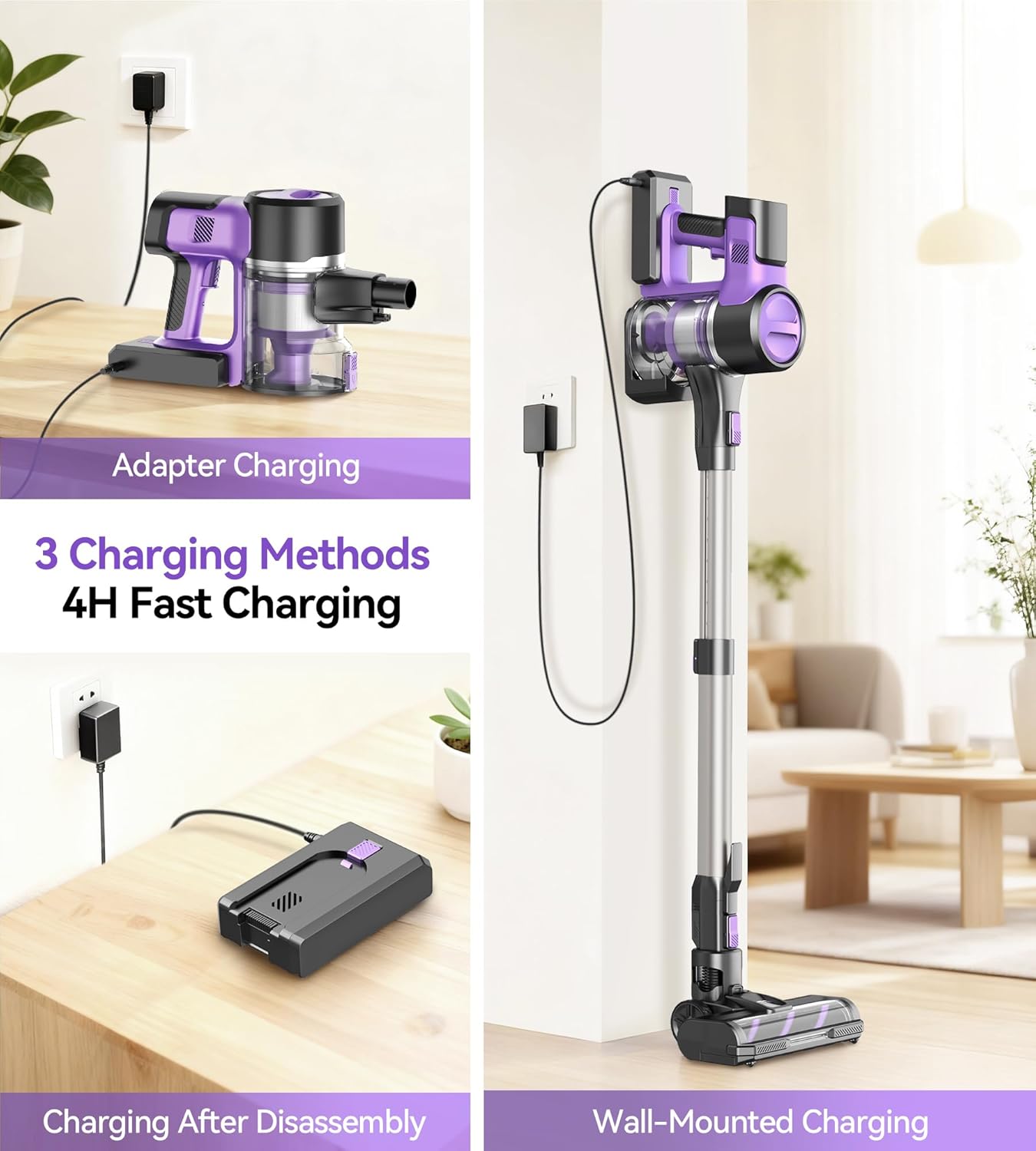 S10 Cordless Vacuum Cleaner, 55Kpa 60mins Lightweight Stick Vacuum with Powerful Suction for Home, Rechargeable, Self-Standing, Handheld Vacuum Cleaners for Hardwood Floors, Carpets, Violet