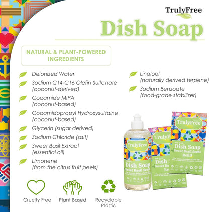 Truly Free Non Toxic Dish Soap Kit | Natural Concentrated Dishwashing Liquid - Sweet Basil Scent | Organic Plant-Based | Family Safe - Eco-Friendly Formula | 16 fl oz