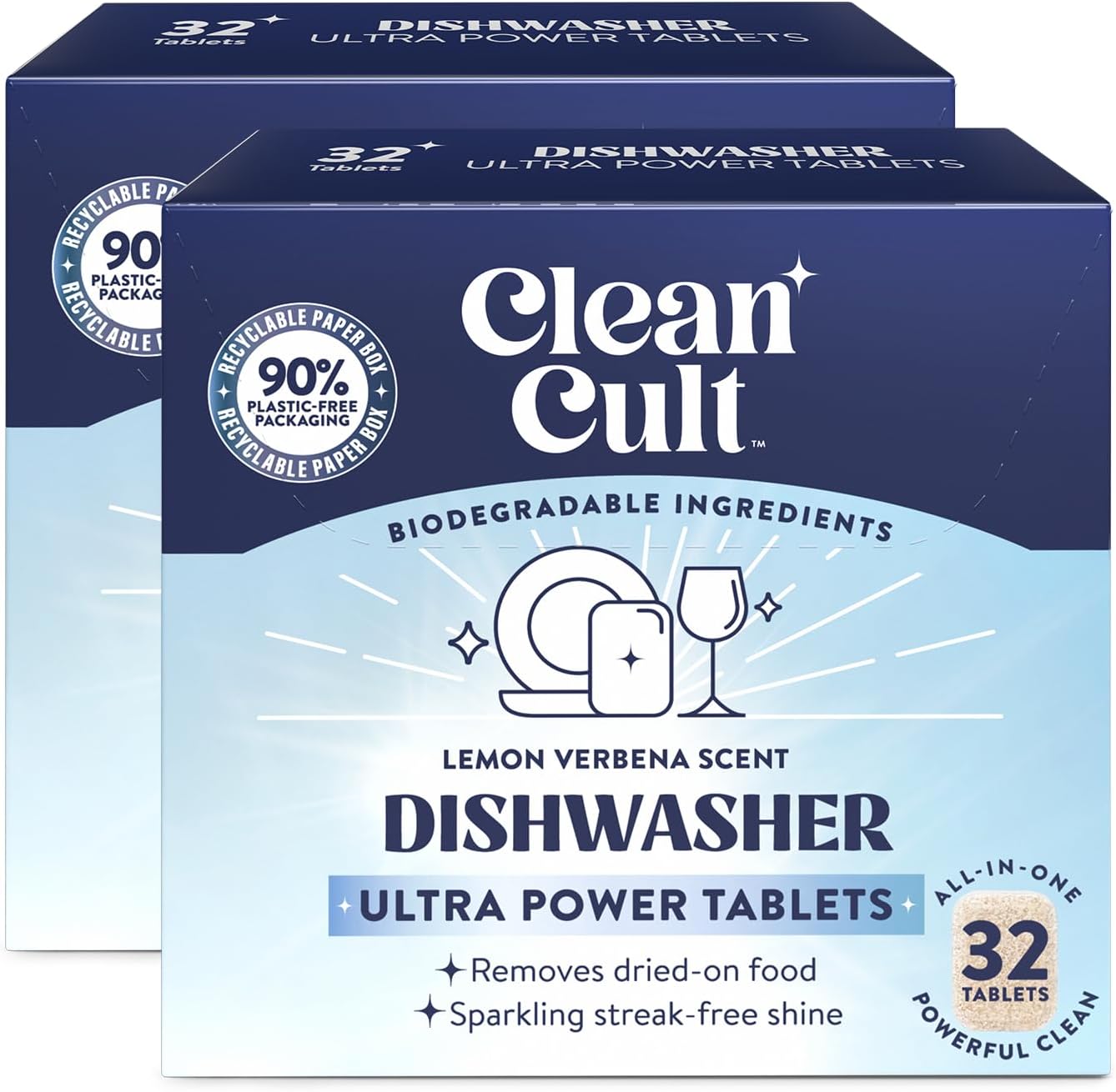 Cleancult Ultra Power Dishwasher Detergent Pods for Sparkling Streak-Free Shine, All-In-One, No Plastic Waste, 32 Count