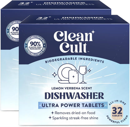 Cleancult Ultra Power Dishwasher Detergent Pods for Sparkling Streak-Free Shine, All-In-One, No Plastic Waste, 32 Count