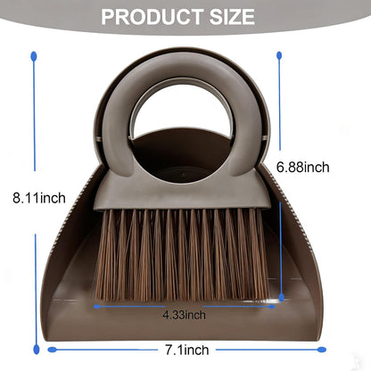Mini Broom and Dustpan Set with Round Handle, Compact Small Hand Broom with Soft Bristles for Kitchen Counter, Desk, Drawer, Pet Area & Car Interior, Space-Saving Portable Cleaning Tool (Coffee)