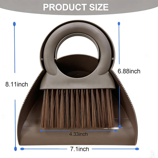 Mini Broom and Dustpan Set with Round Handle, Compact Small Hand Broom with Soft Bristles for Kitchen Counter, Desk, Drawer, Pet Area & Car Interior, Space-Saving Portable Cleaning Tool (Coffee)
