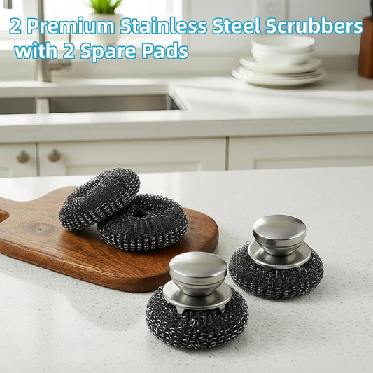 2 Pack Stainless Steel Wool Scrubber with 2 Replacement Pads, Stainless Steel Scrubber with Handle for Cleaning Cast Iron, Pots, Pans, Grill, Stoves, Sink & Cookware