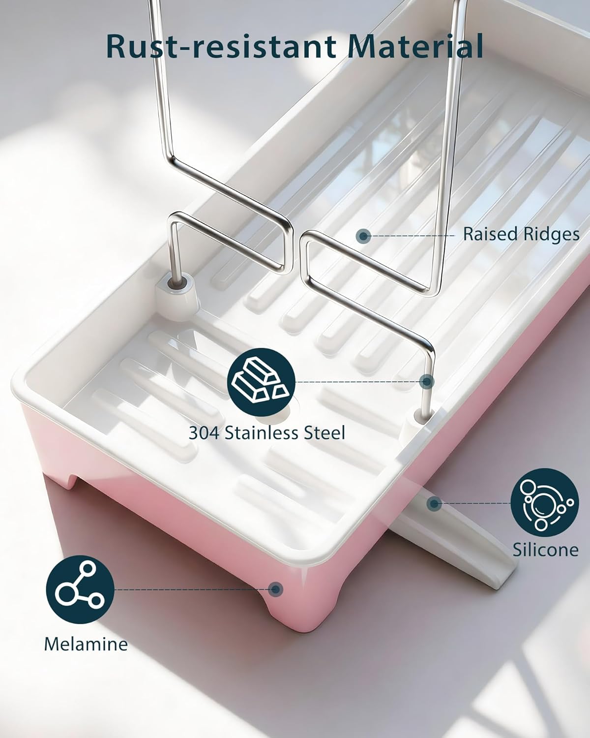 Minimalist Sink Caddy, Rustproof Sponge Holder for Kitchen Sink with 304 Stainless-Steel Brush Holder, Countertop Rack Organizer with Raised Ridges & Silicone Drain Tube (Mint Green, Large)