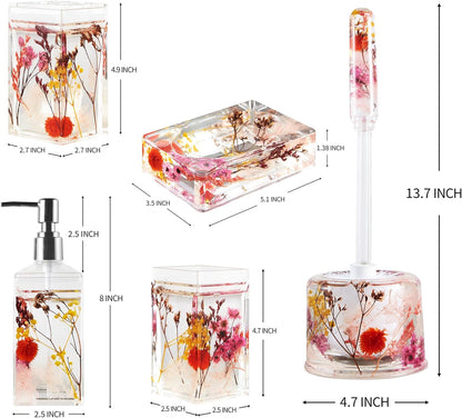 Locco Decor 5 Piece Acrylic Liquid 4D Floating Motion Bathroom Vanity Accessory Set Garden Botanic Green Plants Toothbrush Holder, Tumbler, Soap Dispenser, Soap Dish, Toiletbrush Holder Set