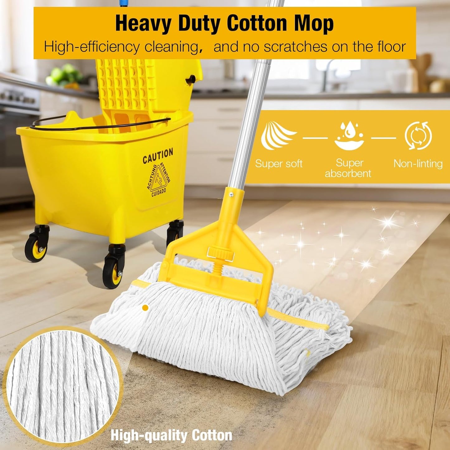 35 Qt Commercial Mop Bucket with Side Press Wringer on Wheels,Heavy Duty Industrial Mop and Bucket Set for Floor Cleaning,Including 1 Wet Floor Caution Sign for Household and Business,Yellow