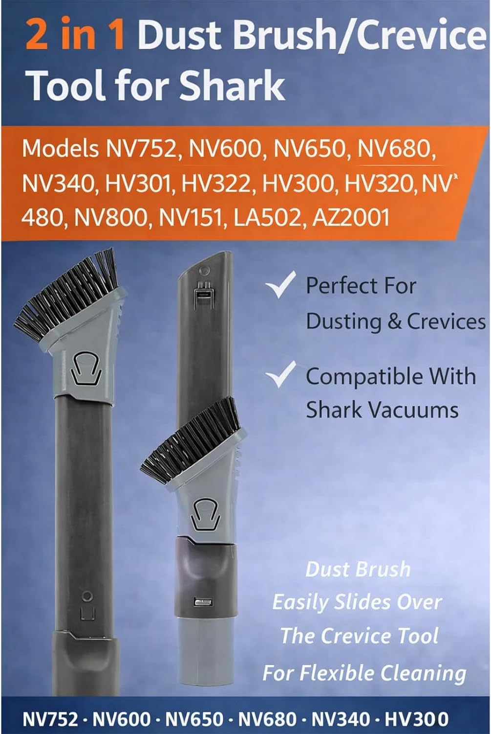 Qualtex 2 in 1 Duster Crevice Tool Compatible with Shark NV752, NV600, NV650, NV680, NV340, HV301, HV322, HV300, HV320, NV480, NV800, NV151, LA502, AZ2001, HZ2002
