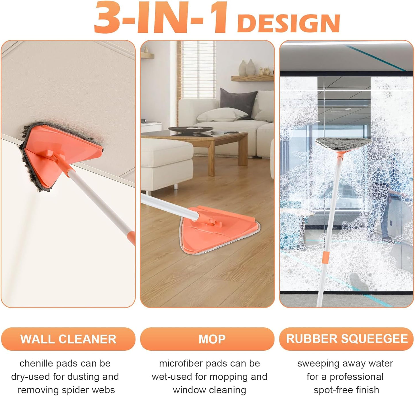 Wall Cleaner Triangle Mop with 82'' Long Handle - Wall Scrubber, Cleaning Washer Tool with 4 Microfiber Chenille Duster Pads for Clean Walls, Ceiling, Windows, Baseboards, Floors (Green, 4 Pads)