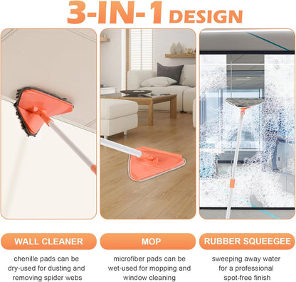 Wall Cleaner Triangle Mop with 82'' Long Handle - Wall Scrubber, Cleaning Washer Tool with 4 Microfiber Chenille Duster Pads for Clean Walls, Ceiling, Windows, Baseboards, Floors (Green, 4 Pads)