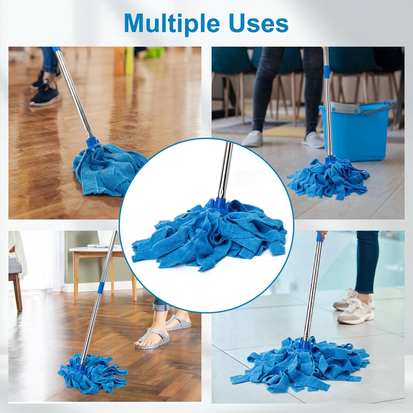 KeFanta Mop, Microfiber Cloth Mops for Floor Cleaning, One Pole with Two Microfiber Cloth Wet Mop Refills, String Mop with 49" Long Handle, Blue (1 Handle & 2 Mop Heads)