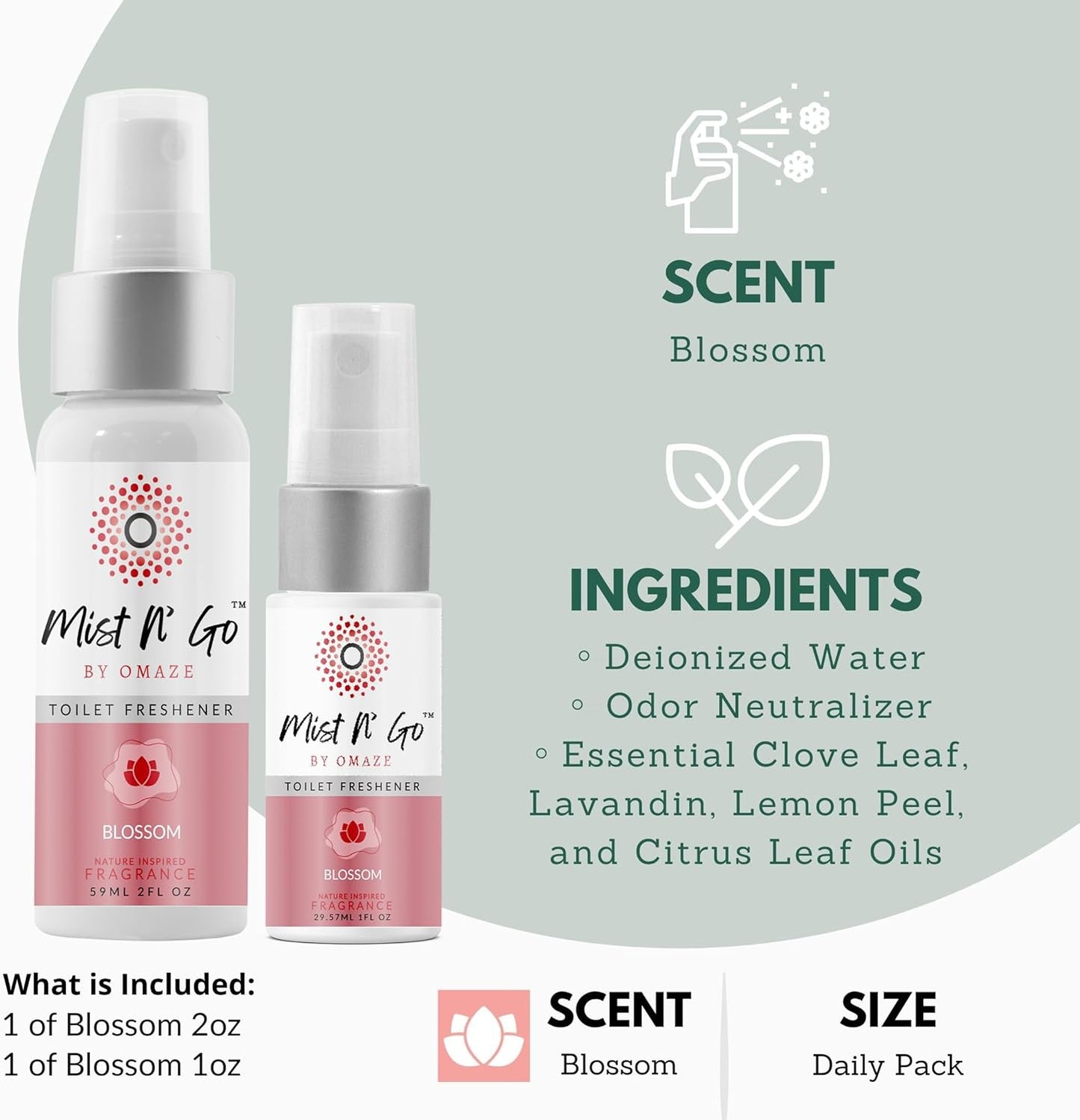 Mist N’ Go by Omaze Travel Bathroom Spray for Toilet Spray Odor Eliminator - Travel Toilet Spray for Bathroom Air Freshener Spray for Bathroom Deodorizer - Clean Mix, Travel Size (1oz x2)