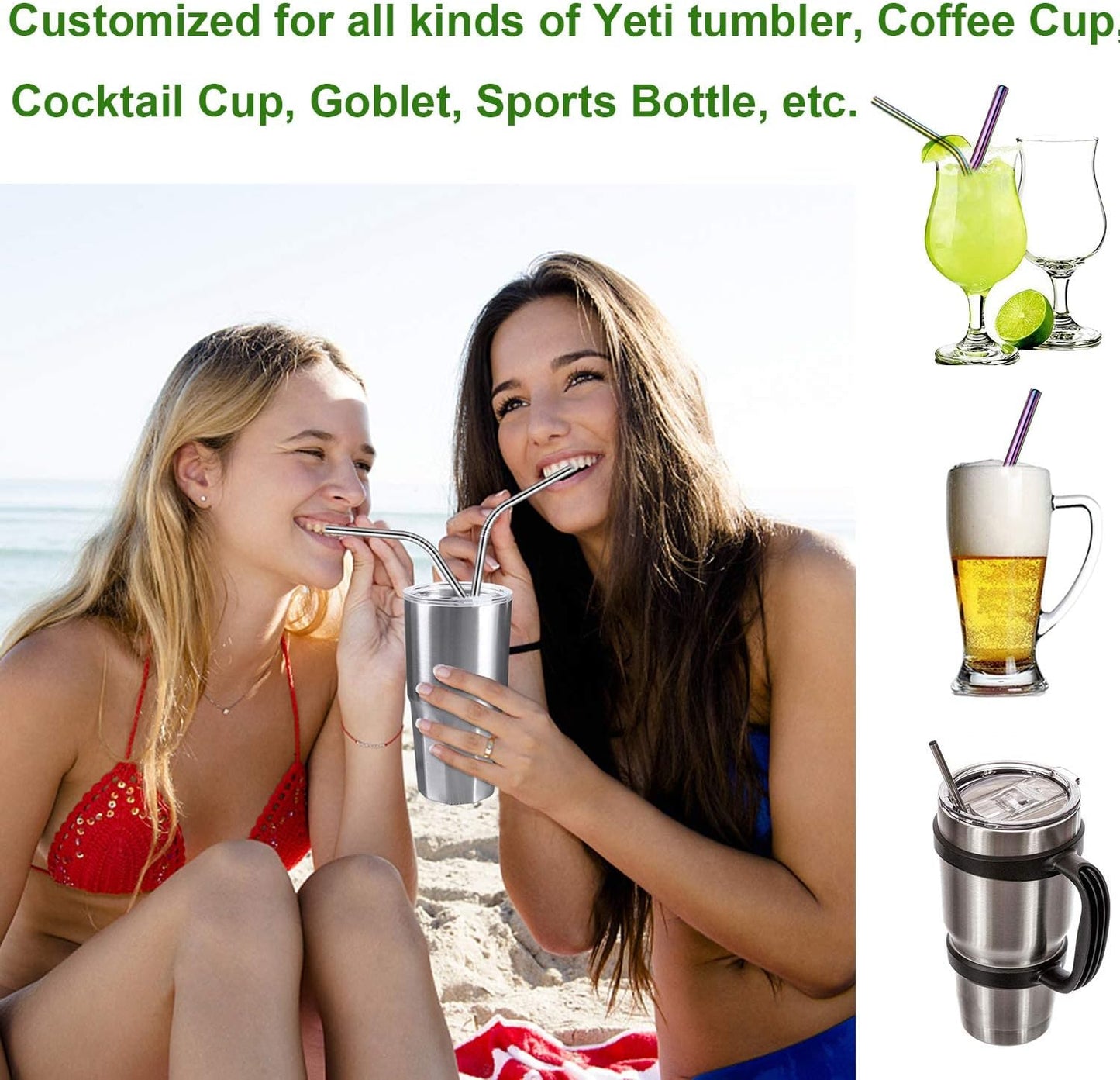 VEHHE Metal Straw Stainless Steel Straws Drinking Reusable Straws 4 Set -10.5" Ultra Long Rainbow Color-Cleaning Brush for 20/30 Oz for Yeti RTIC SIC Ozark Trail Tumblers (2 Straight|2 Bent|1 Brush)
