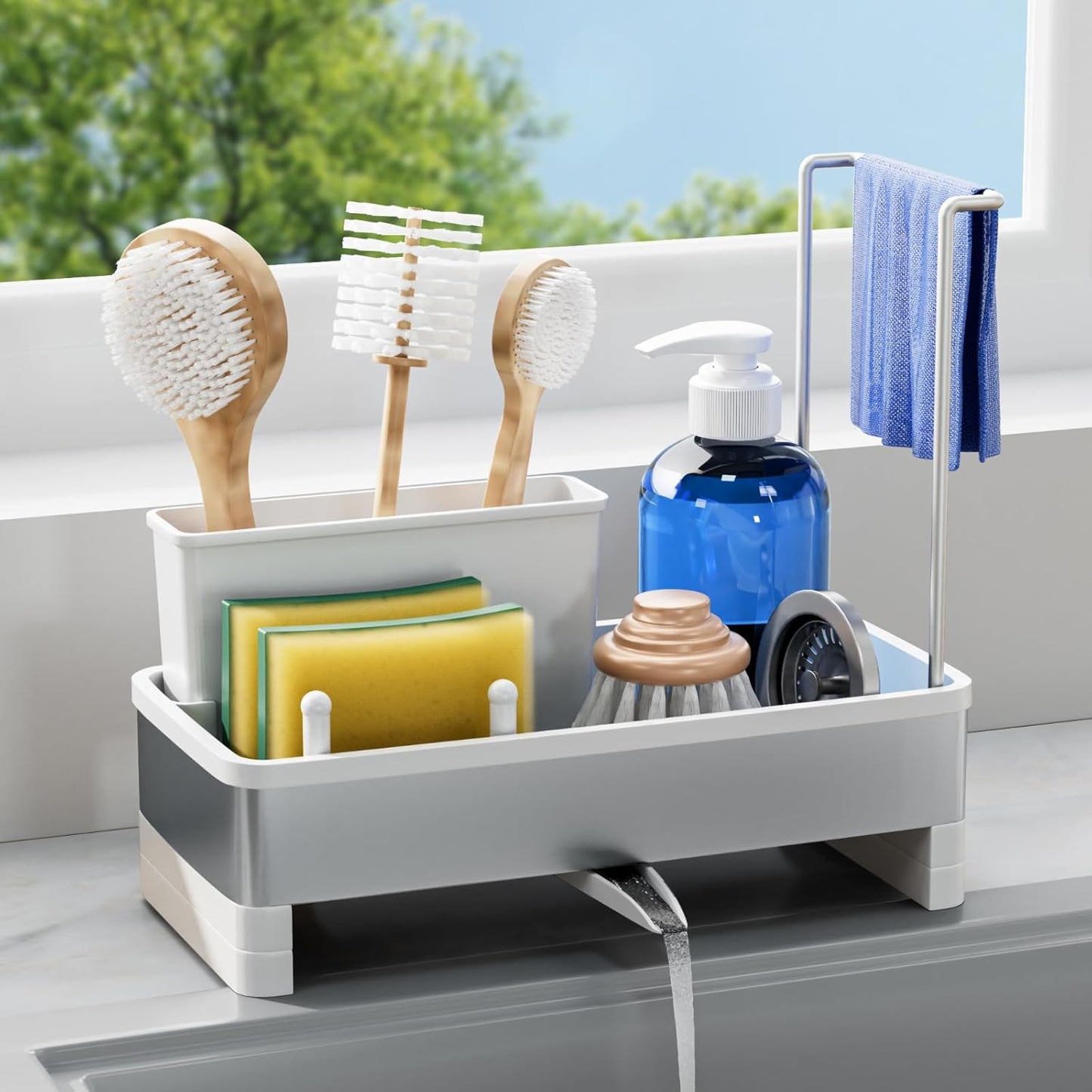 Laveshop Sponge Holder for Kitchen Sink, Rustproof Stainless Steel Sink Caddy with Auto-Drain, Removable Brush Holders, Soap and Dishcloth Organizer, Black