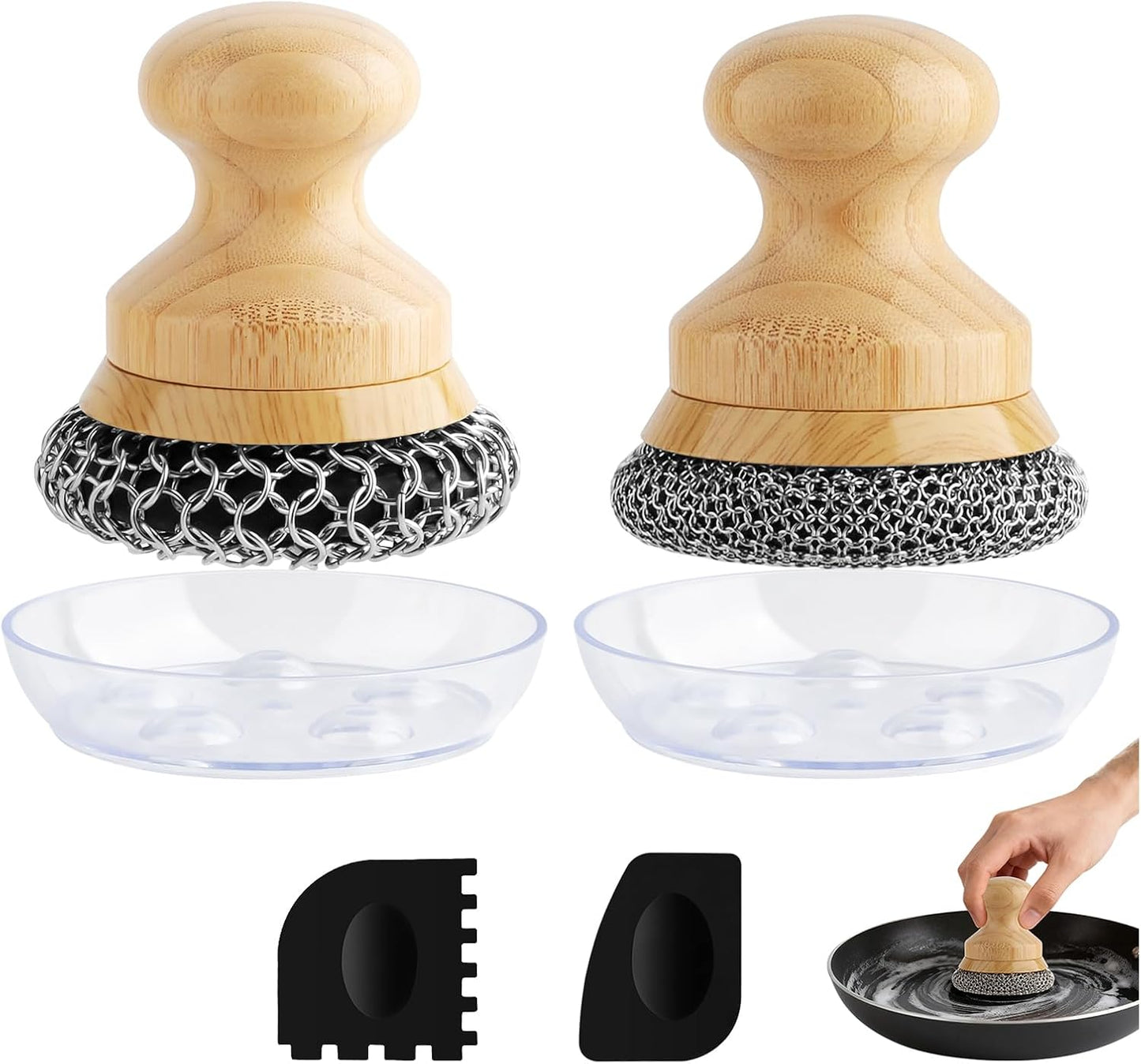 Cast Iron Scrubber and Scraper,Chain Mail Cleaner with Bamboo Handle & Draining Tray,316 Stainless Steel Brush for Cleaning Pots,Pans,Wok,Bakeware,Griddles, Grills,Dishes (Small Chain Mail)