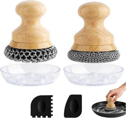 Cast Iron Scrubber and Scraper,Chain Mail Cleaner with Bamboo Handle & Draining Tray,316 Stainless Steel Brush for Cleaning Pots,Pans,Wok,Bakeware,Griddles, Grills,Dishes (Small Chain Mail)