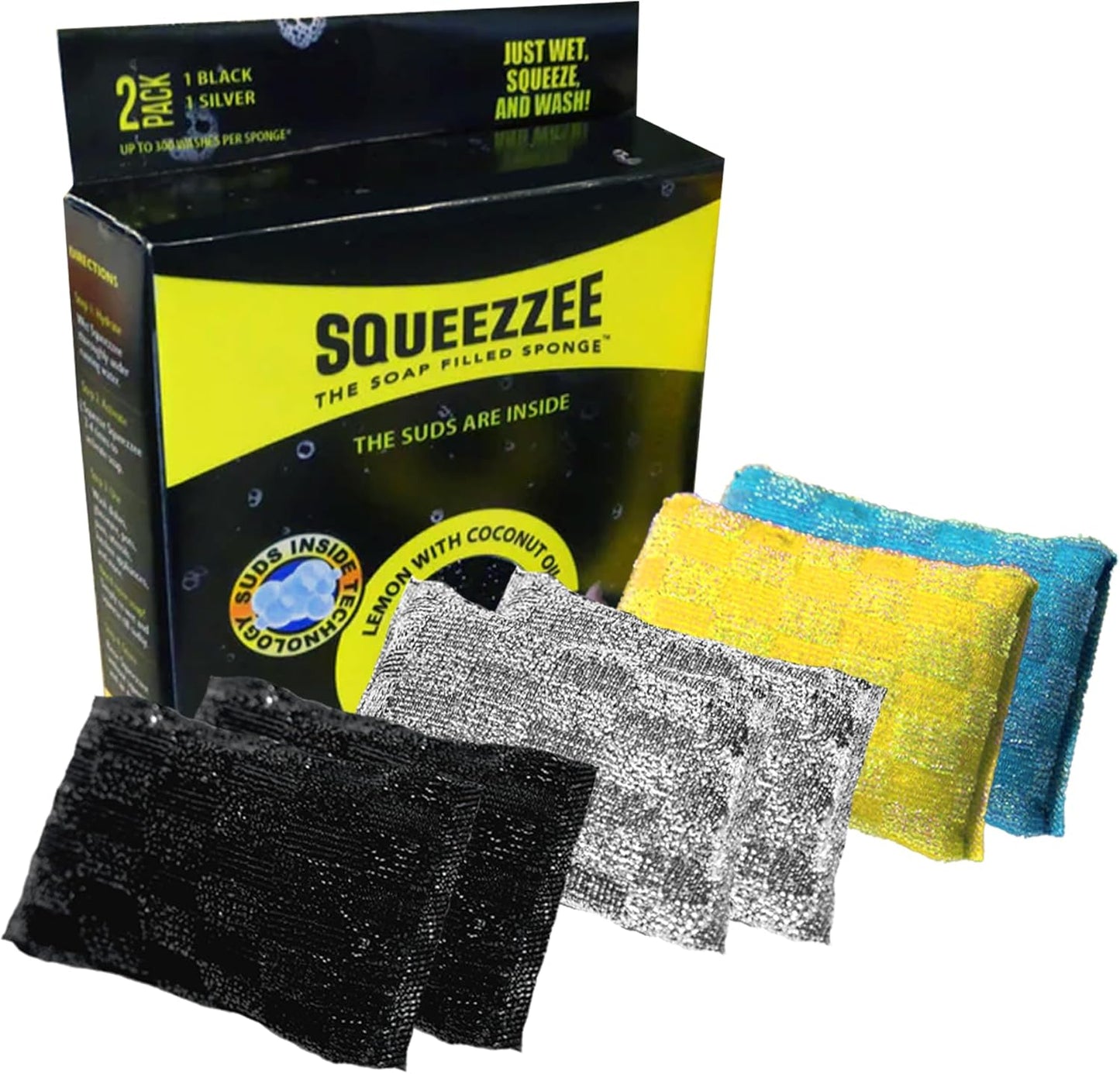 Squeezzee Soap Filled Scrubber Sponges 2-Pack - Non Scratch Scrubbing Sponge with Built-in Dishwashing Liquid Dish Soap, Double Sided Kitchen Cleaning Scrubbers, Up to 300 Washes Per Sponge