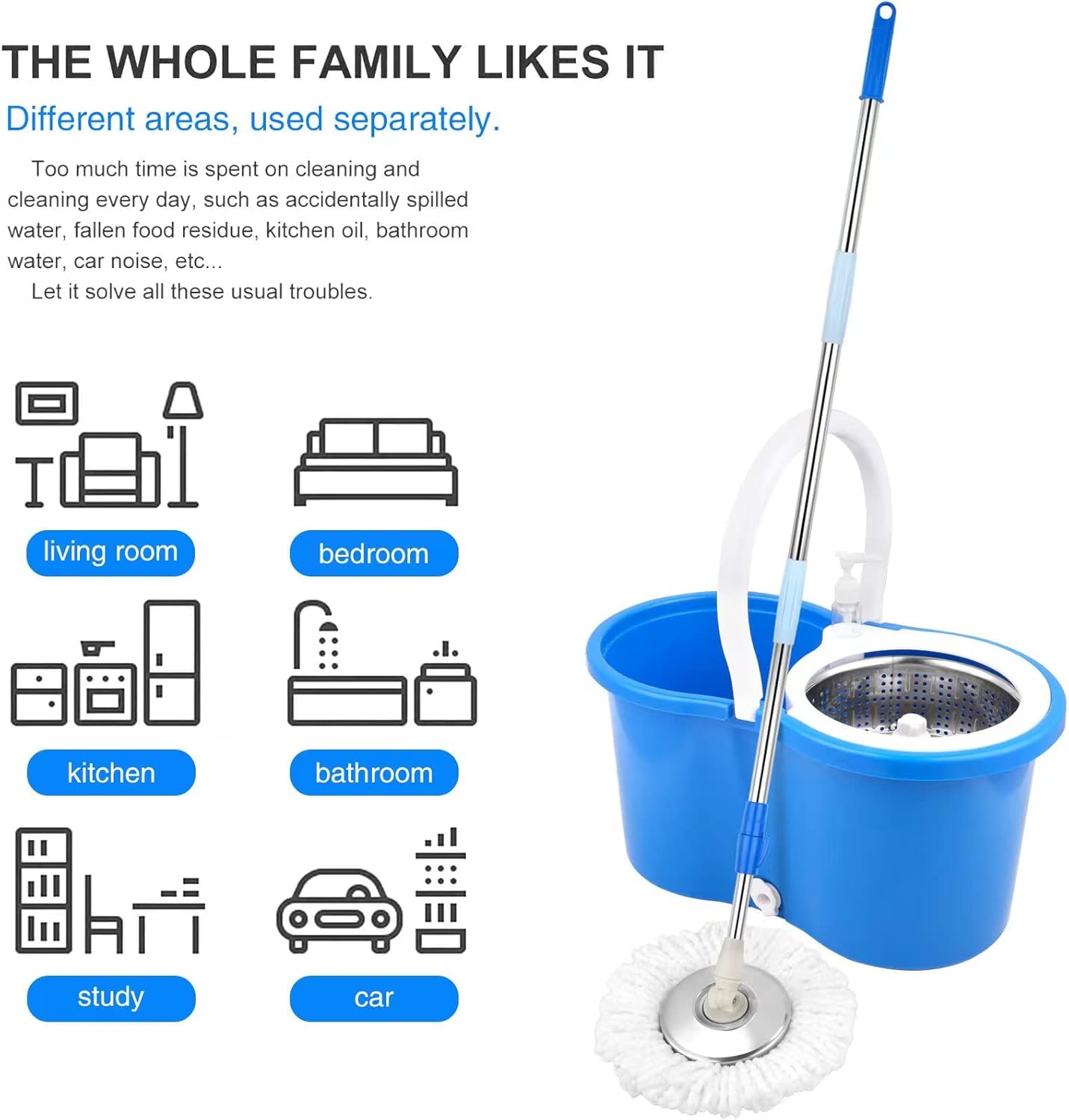 Spin Mop and Bucket with Wringer Set，Mop and Bucket Set for Floor Cleaning with 3 Mop Refills 61 inches Telescoping Rod for Office and Home use
