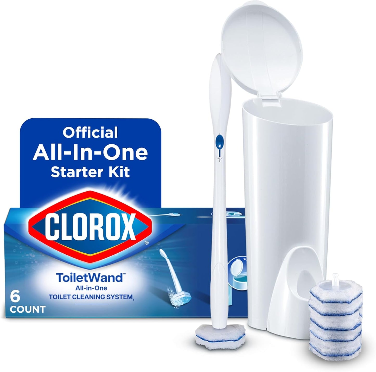 Clorox ToiletWand Disposable Toilet Cleaning System, Spring Cleaning Essential, ToiletWand, Storage Caddy, and 16 Disinfecting ToiletWand Scrubbing Pad Refills