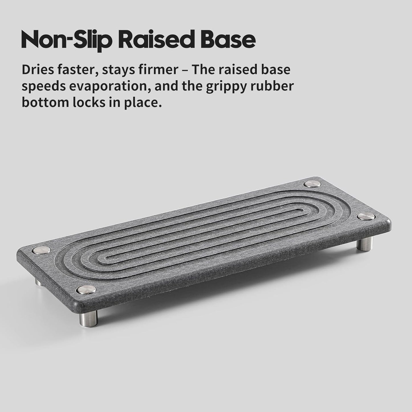 Razborci Water Absorbing Stone Sink Caddy, Diatomite Kitchen Sink Organizer, Bathroom Counter Tray, Faucet Drying Mat Coaster Soap Dish Rack Riser Dispenser Sponge Holder, Silver, White 10" x 4"