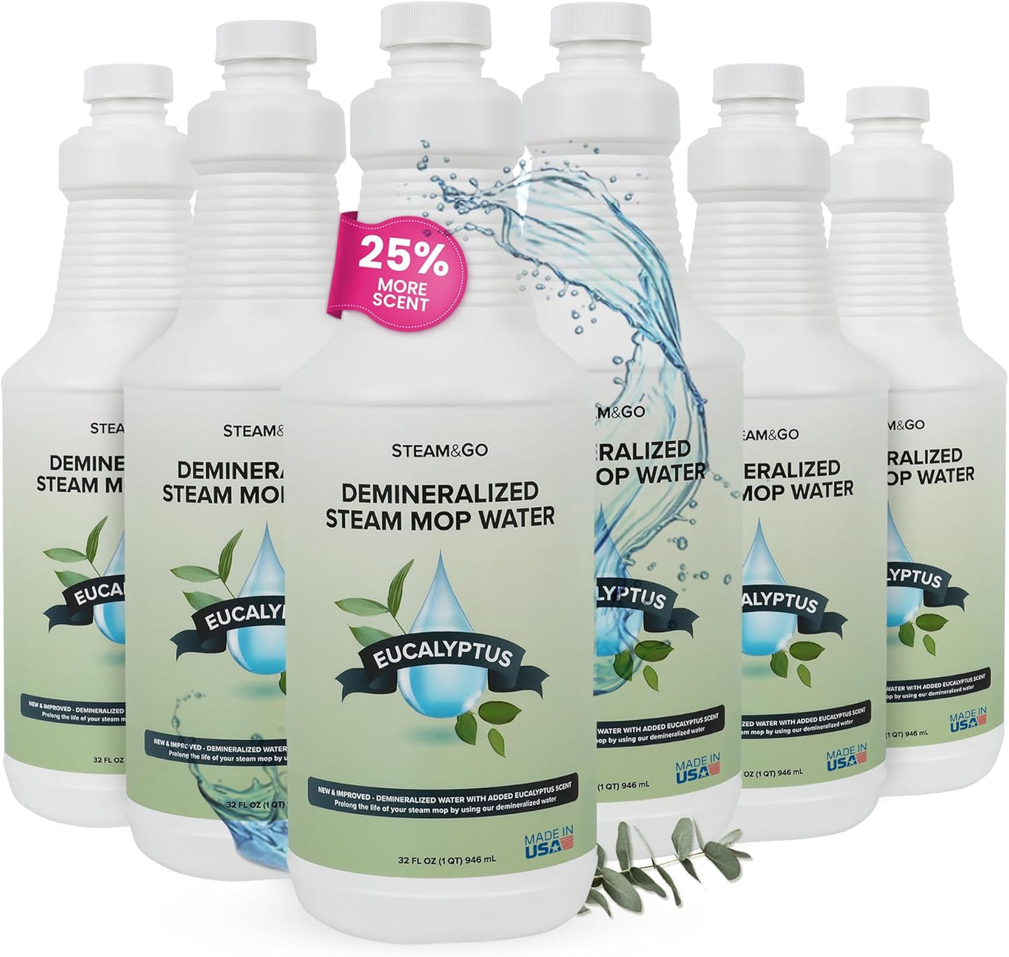 Steam & Go - Demineralized Water for Steam Cleaner, PVC-Free Floor Cleaner Liquid Compatible with Any Steam Mop, Ready-to-Use Multisurface Cleaner, Scented Mop Solution, Eucalyptus Mint, 32 oz