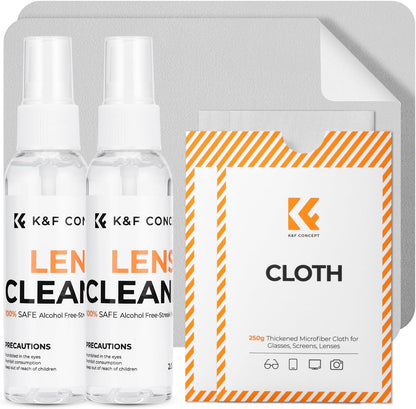 K&F CONCEPT Lens Cleaner Spray Kit | 60ML Glasses Cleaner x2 + Microfiber Cleaning Cloth x2 | Lens and Screen Cleaning Kit | Alcohol Free Eyeglasses, Camera, VR/AR Headset, and Screen Cleaning
