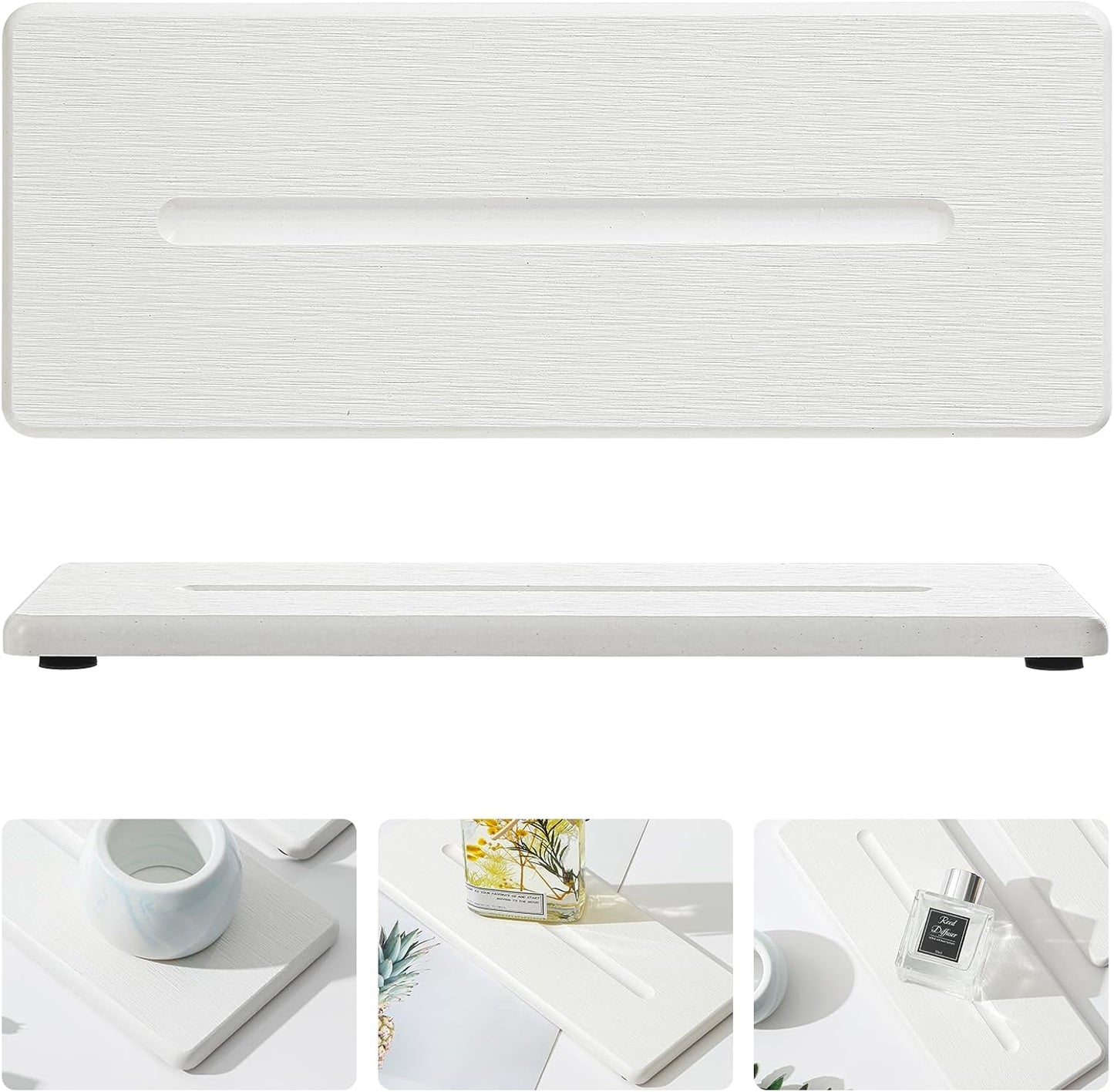 Fast Water Absorption Sink Organizer Tray Set, 3-Pack Compact and Space-Saving Stone Soap Holder Caddy for Kitchen & Bathroom Counter, Faucet Splash Guard, White (1pc of 8"x3.8" + 2pcs of 3.8"x3.8")