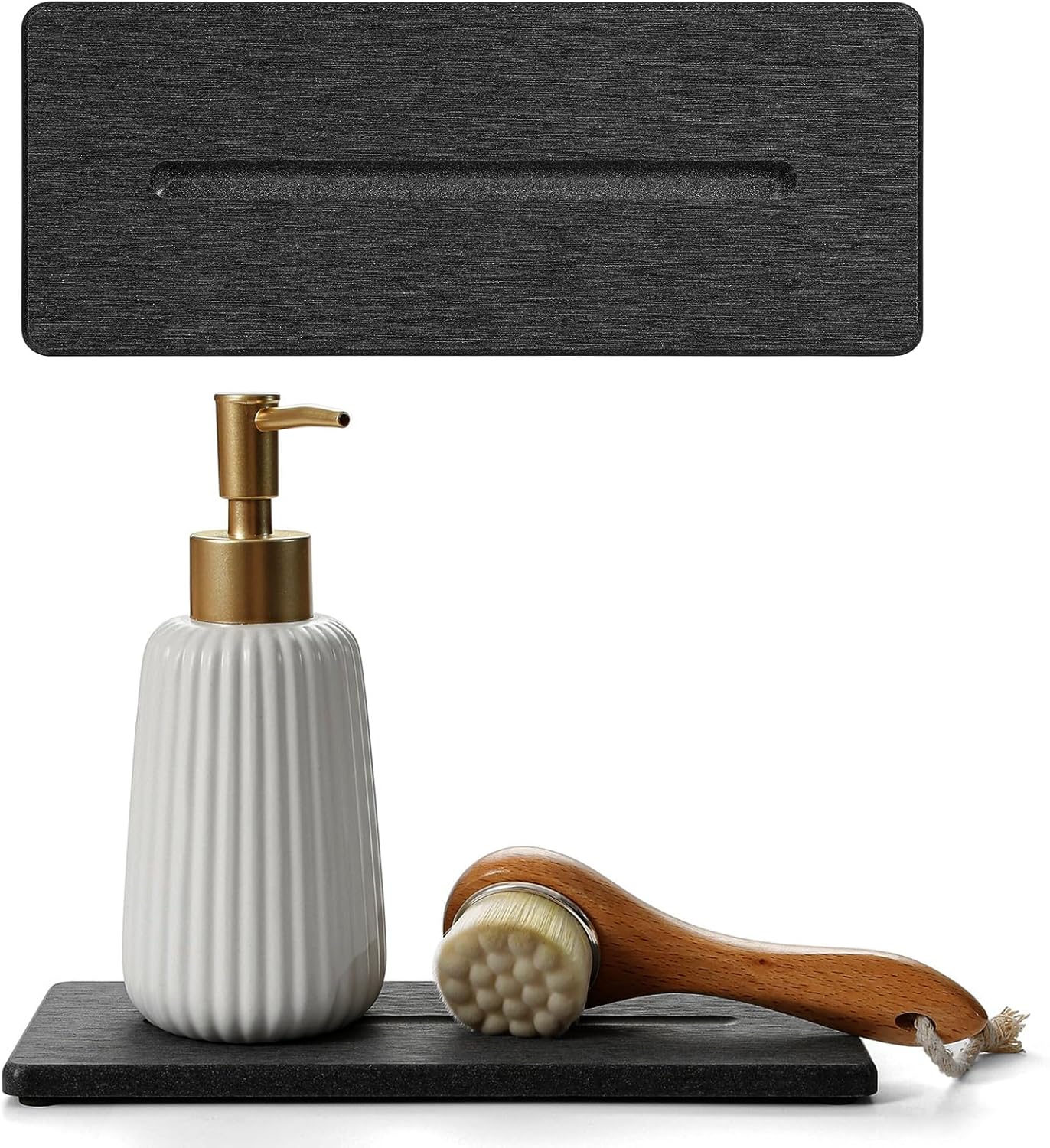 Fast Water Absorption Sink Organizer Tray Set, 3-Pack Compact and Space-Saving Stone Soap Holder Caddy for Kitchen & Bathroom Counter, Faucet Splash Guard, White (1pc of 8"x3.8" + 2pcs of 3.8"x3.8")