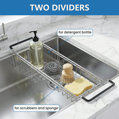 TreeLen Over The Kitchen Sink Caddy Sponge Holder Organizer Drying Rack Expandable for Sponge Brush Soap 13.8" to 20.8", Stainless Steel