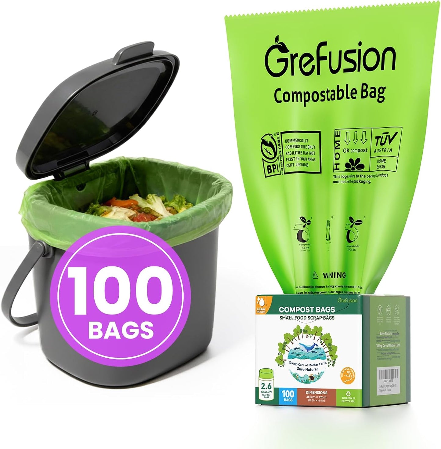 GreFusion Compostable Bags 1.2 Gallon,125 Count, Fits 0.75,1,1.2,1.3,1.6,1.8 Gallon Countertop Bin, Small compost bags, Certified by BPI, ASTM D6400 and OK Compost
