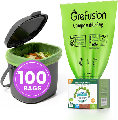 GreFusion Compostable Bags 1.2 Gallon,125 Count, Fits 0.75,1,1.2,1.3,1.6,1.8 Gallon Countertop Bin, Small compost bags, Certified by BPI, ASTM D6400 and OK Compost