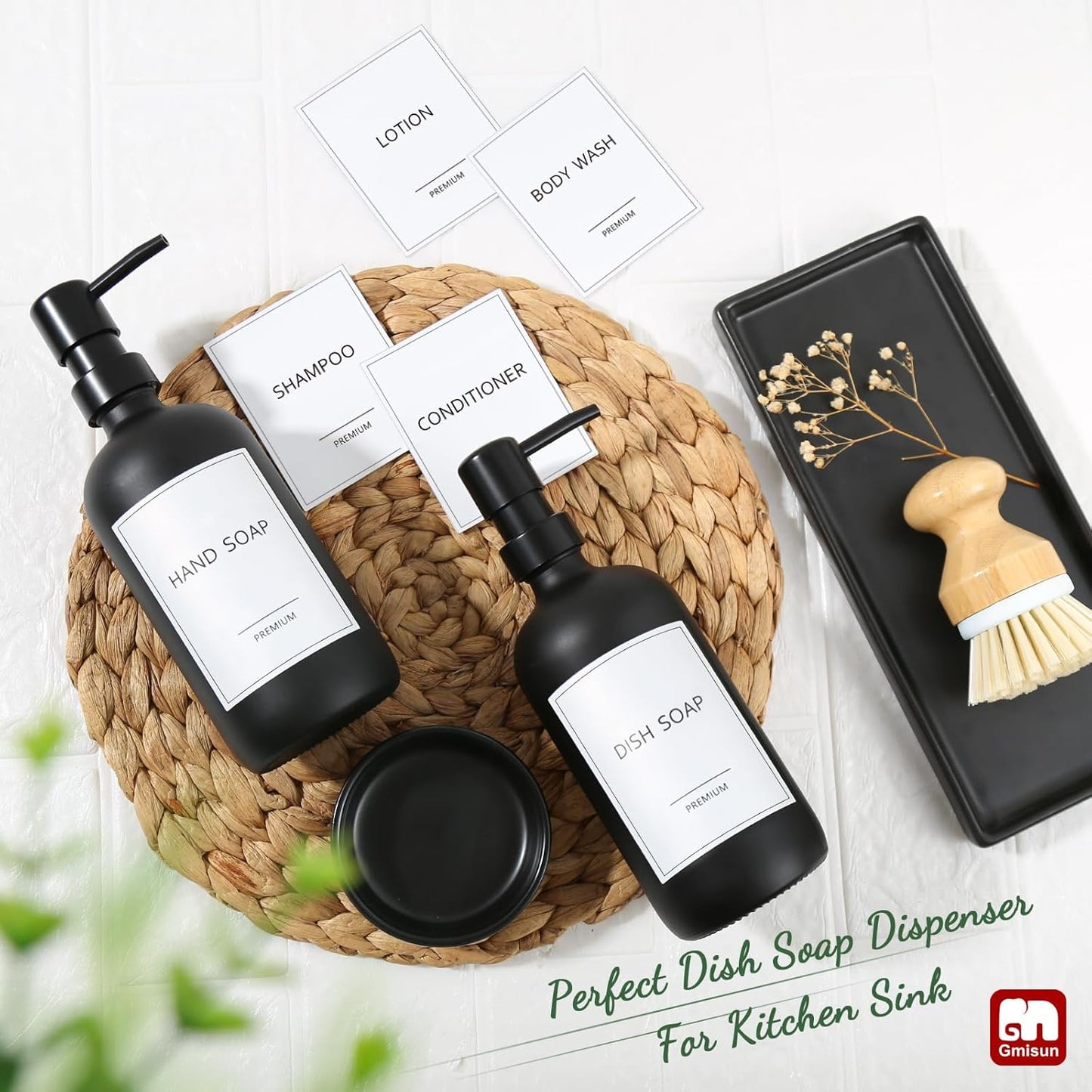 GMISUN Kitchen Soap Dispenser Set, 16 Oz Hand and Dish Soap Dispenser with Ceramic Tray & Bamboo Dish Brush, 2 Pack White Glass Liquid Pump Bottle, Modern Farmhouse Refillable Dish Soap Bottle