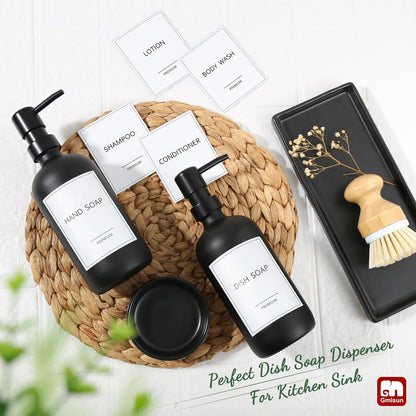 GMISUN Kitchen Soap Dispenser Set, 16 Oz Hand and Dish Soap Dispenser with Ceramic Tray & Bamboo Dish Brush, 2 Pack White Glass Liquid Pump Bottle, Modern Farmhouse Refillable Dish Soap Bottle