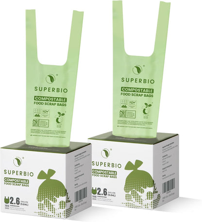 SUPERBIO 1.6 Gallon Handle Tie Compostable Food Scrap Bags For Counter Top Compost Bin, Small Compost Bags, 50 Count, 6 Liter, BPI & OK compost INDUSTRIAL Certified