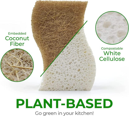 AIRNEX Natural Kitchen Sponges (12 Pack) - Biodegradable Cellulose & Coconut Scrubber Dish Sponges for Kitchen - Eco-Friendly, Non Scratch, Compostable, Non Toxic S-Shaped Natural Sponges for Dishes