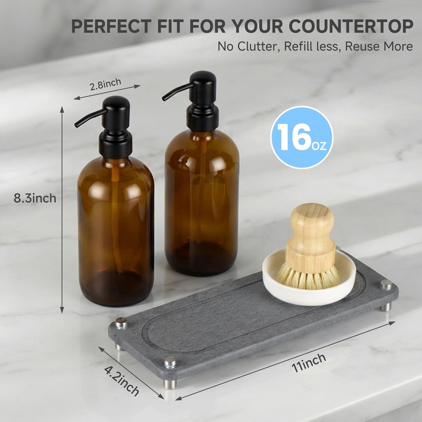 2 Pack Kitchen Soap Dispenser Set - 16oz Amber Glass Dish and Hand Soap Dispenser with Stainless Steel Pump, Instant Dry Tray, Dish Brush & Holder, Refillable Countertop Sink Decor for Kitchen & Bath