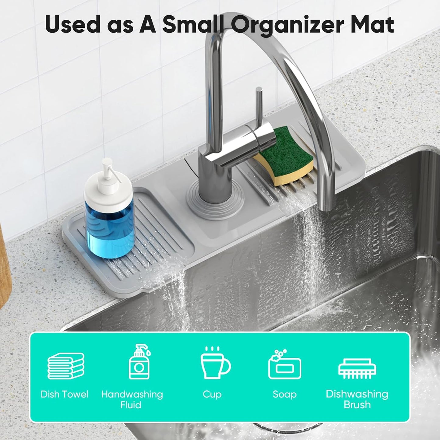 24 Inch Longer Faucet Mat for Kitchen Sink, 5° Slope Fast Self-draining, Kitchen Sink Splash Guard Silicone Sink Faucet Mat Splash Guard Kitchen Sink Area Tidy Splash Faucet Guard Draining Mat