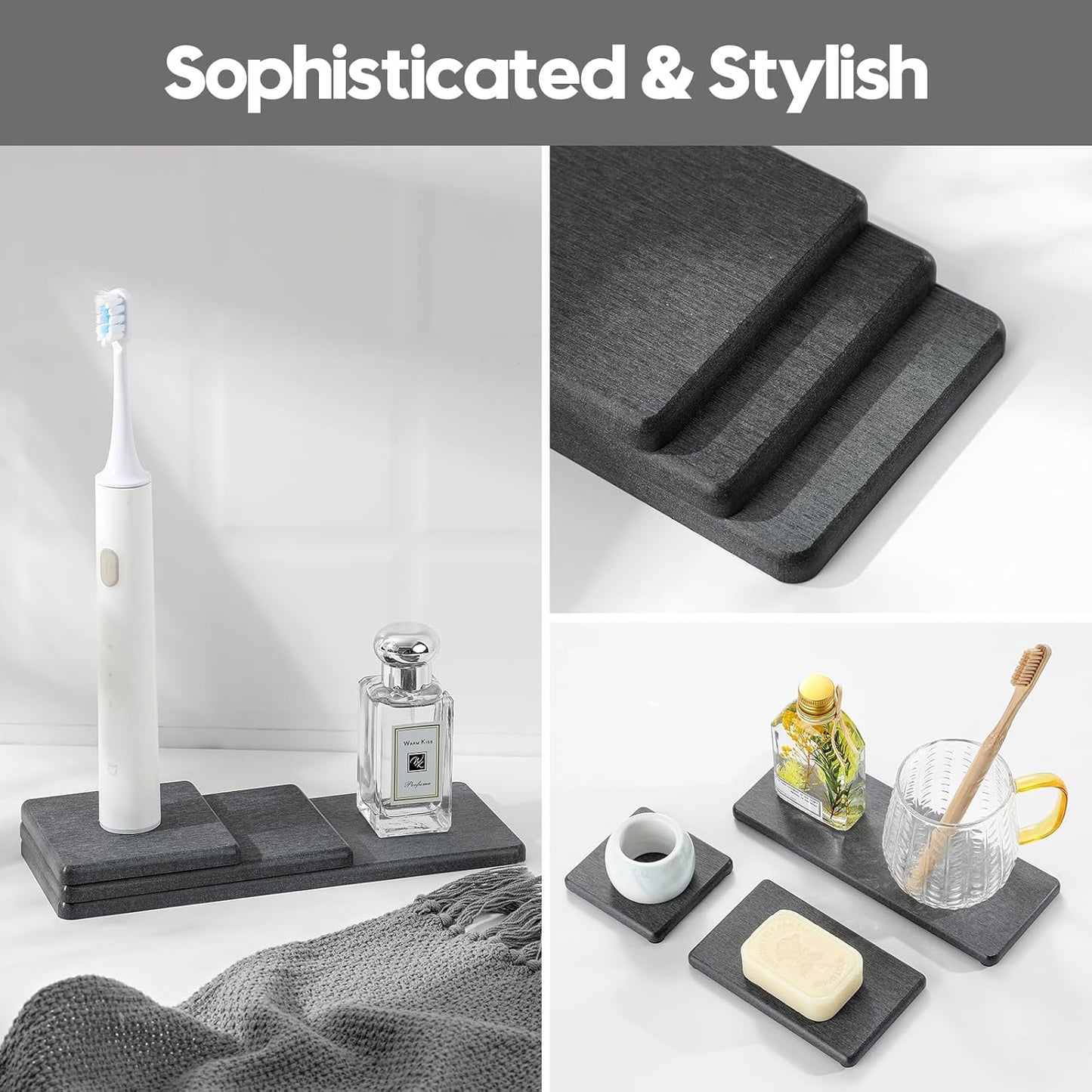 2PCS Water Absorbing Stone Drying Tray for Kitchen Counter & Bathroom Sink, Diatomite Faucet Splash Guard, Soap Dispenser Rack & Sponge Holder Caddy Organizer, Marble White (Printed Pattern), 9"x 3.5"