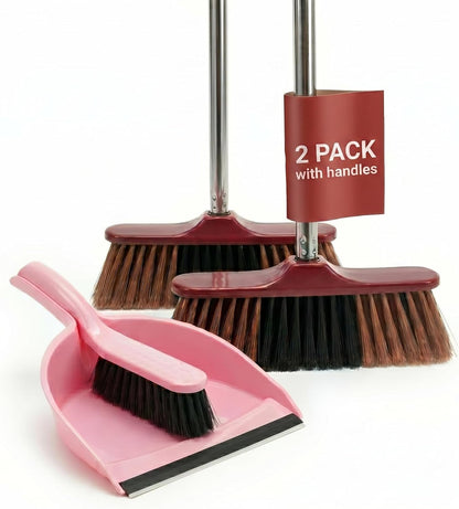 HELOMOR Indoor Broom with Dustpan Combo Set, Long Handle Floor Sweeping Broom for Kitchen, Garage, Office, Bathroom, Wood & Parquet Floors (2 Pack)