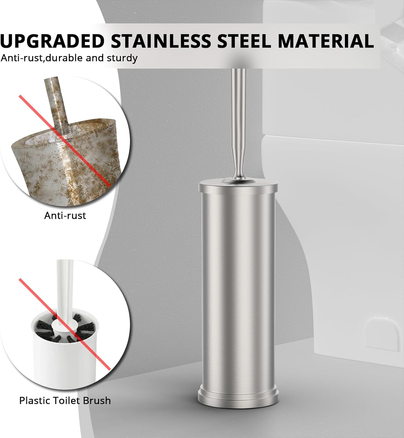 Premium 304 Stainless Steel Toilet Brush and Holder: Weighted Stable Base, Removable Inner Tube, Splash-Proof Design for 360° Thorough Cleaning & Space-Saving Storage,Nickel