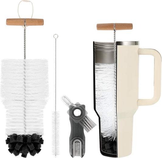 3 PCS Bottle Clean Brush Set, Long Wooden Handle Bottle Cleaner Brush for Stanley Cup Tumblers, 3 in1 Cup Lid Cleaning Brush, Long Straw Brush,Water Bottle Clean Brush Kit for Bottle Cups Coffee Mugs