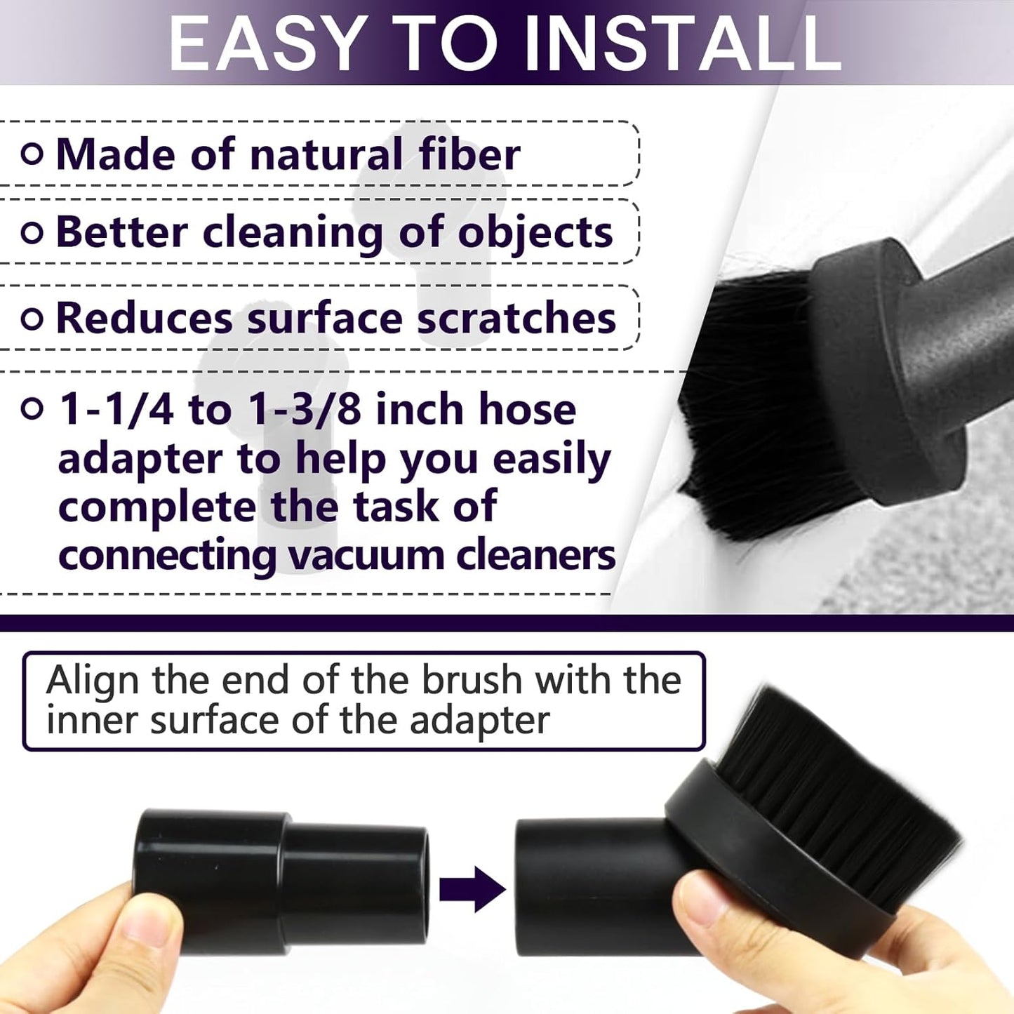 3PCS Horse Hair Brush Vacuum Attachment Set - Black Round Horse Hair Vacuum Attachments & Brushes - Shop Vac Brush Attachment for Most Vacuum Cleaners Accessories - 1 1/4" Vacuum Attachments Included